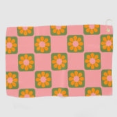 Cute Retro Hippie Flower Checkerboard Roze Groen Golfhanddoek (Horizontaal)
