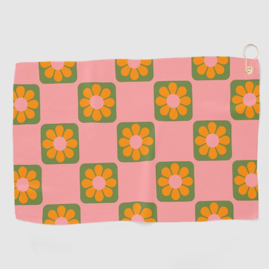 Cute Retro Hippie Flower Checkerboard Roze Groen Golfhanddoek (Horizontaal)
