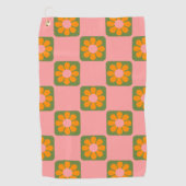 Cute Retro Hippie Flower Checkerboard Roze Groen Golfhanddoek (Voorkant)