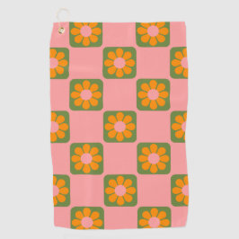 Cute Retro Hippie Flower Checkerboard Roze Groen Golfhanddoek