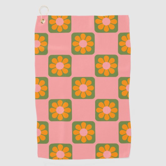 Cute Retro Hippie Flower Checkerboard Roze Groen Golfhanddoek (Voorkant)