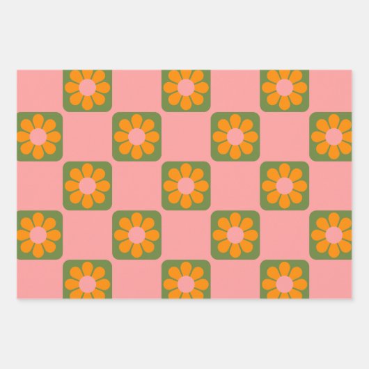 Cute Retro Hippie Flower Checkerboard Roze Groen Inpakpapier Vel (Voorkant)