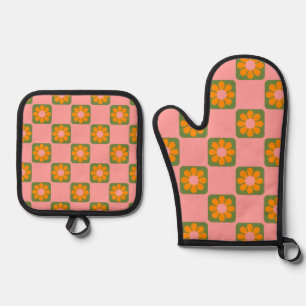 Cute Retro Hippie Flower Checkerboard Roze Groen Ovenwant & Pannenlap Set