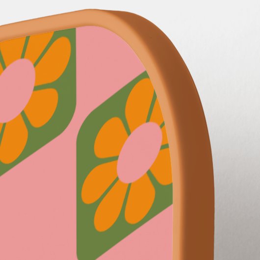 Cute Retro Hippie Flower Checkerboard Roze Groen Pickleball Paddle (Links Detail)