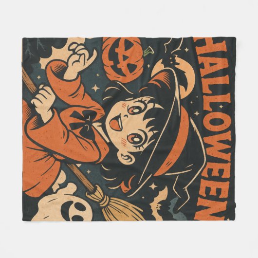 Cute retro Japanese cartoon Halloween Fleece Deken (Voorkant (Horizontaal))