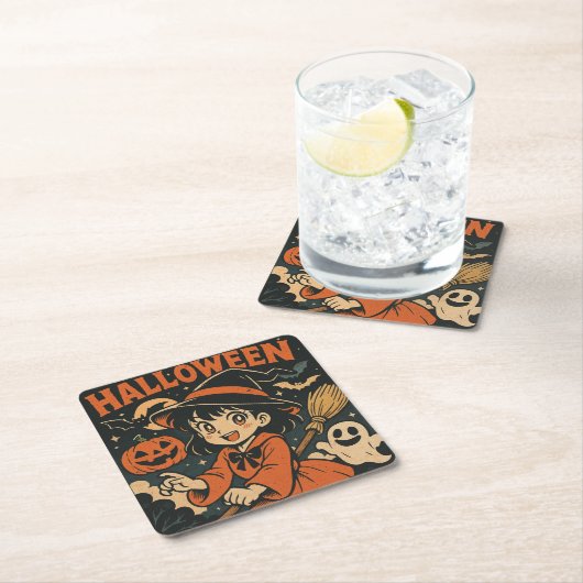 Cute retro Japanese cartoon Halloween Kartonnen Onderzetters (Insitu)