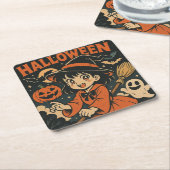 Cute retro Japanese cartoon Halloween Kartonnen Onderzetters (Schuin)