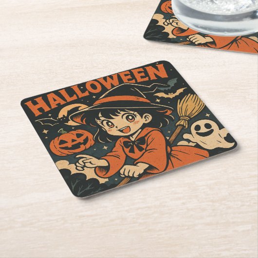 Cute retro Japanese cartoon Halloween Kartonnen Onderzetters (Schuin)