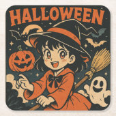 Cute retro Japanese cartoon Halloween Kartonnen Onderzetters (Voorkant)