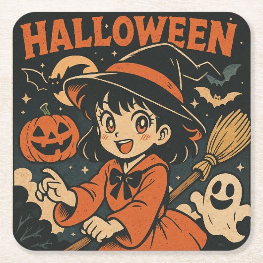 Cute retro Japanese cartoon Halloween Kartonnen Onderzetters (Voorkant)