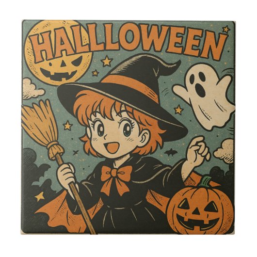 Cute retro Japanese cartoon Halloween Tegeltje (Voorkant)