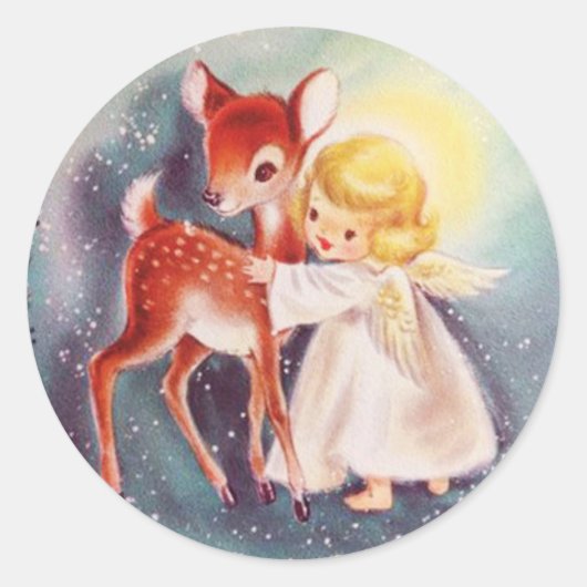 Cute Retro kerstengel meisje met Deer Ronde Sticker (Voorkant)