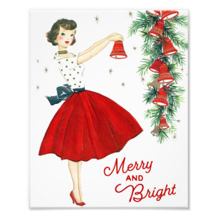 Cute  Retro kerstLady Wall Art Foto Afdruk