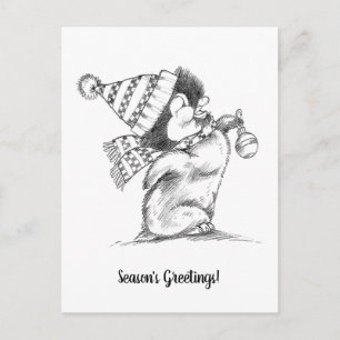 Cute Retro Kerstpinguïn met Pet en scarf Briefkaart