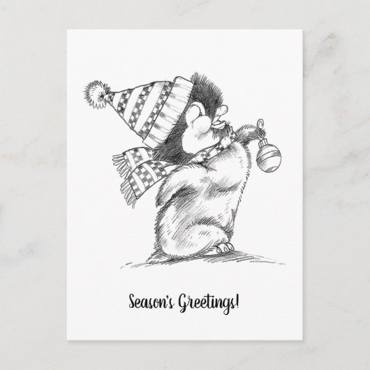 Cute Retro Kerstpinguïn met Pet en scarf Briefkaart (Voorkant)