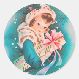 Cute Retro Kerstwintermeisje met cadeau Ronde Sticker