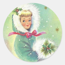 Cute Retro Kerstwintermeisje Ronde Sticker