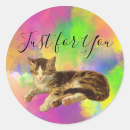 Cute Retro Kitty Kat Net voor Jou Abstract Regenbo Ronde Sticker