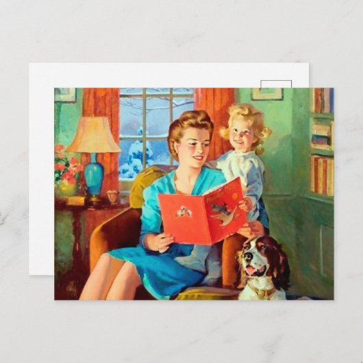 Cute retro  lady reading briefkaart (Voorkant / Achterkant)