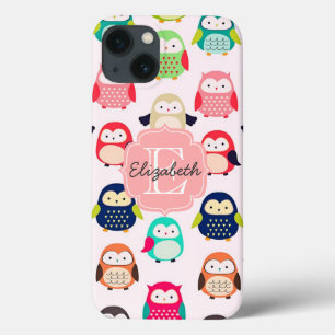 Cute Retro Litte Owls Monogrammed iPhone 13 Hoesje