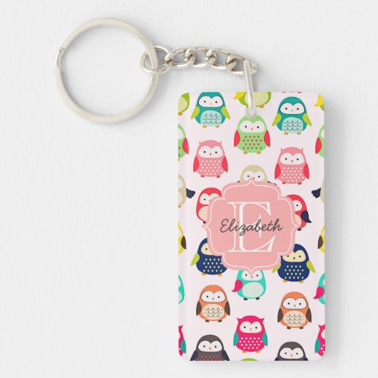 Cute Retro Litte Owls Monogrammed Sleutelhanger (Voorkant)