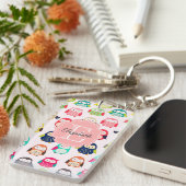 Cute Retro Litte Owls Monogrammed Sleutelhanger (Voorkant Rechts)