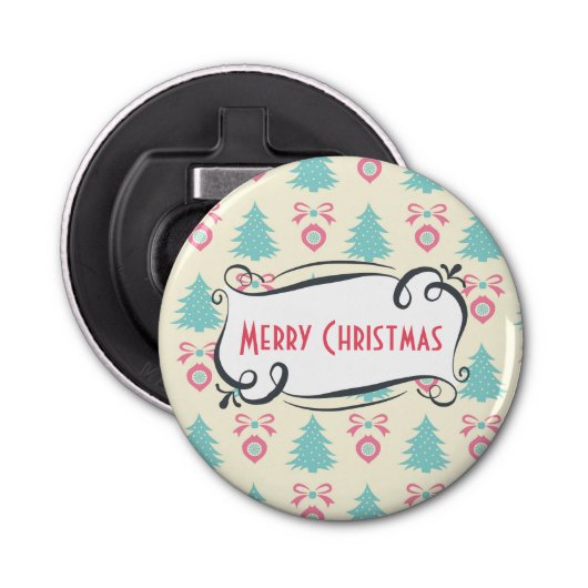 Cute Retro Merry-kerstpatroon Button Flesopener (Voorkant)