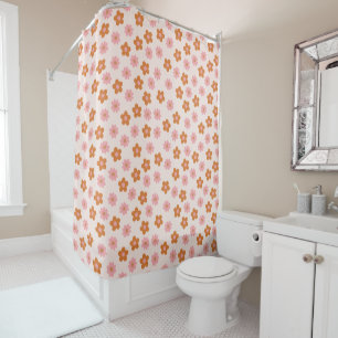 Cute Retro Mod Pop Flowers Pink and Burnt Sinaasap Douchegordijn