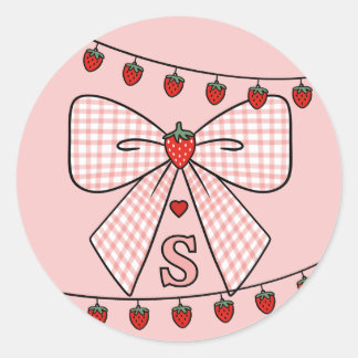 Cute Retro Monogram Initials Strawberry Coquette Ronde Sticker