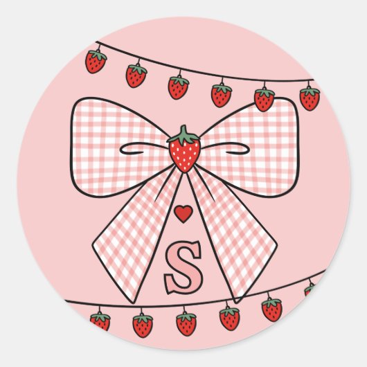 Cute Retro Monogram Initials Strawberry Coquette Ronde Sticker (Voorkant)