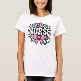 Cute Retro Nurse Design with Flowers and Bow  T-shirt