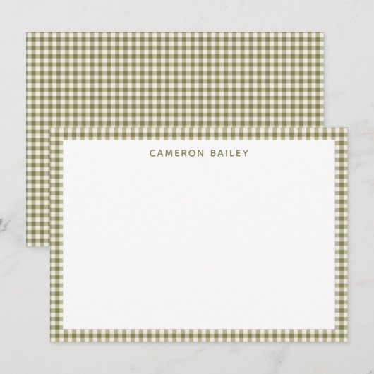 Cute Retro Olive Green Gingham Pset Personalized Notitiekaartje (Voorkant / Achterkant)