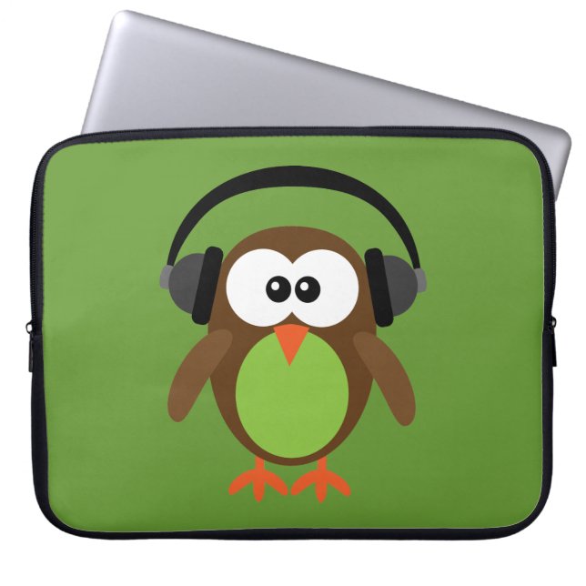 Cute Retro Owl DJ met hoofdtelefoon Laptop Sleeve (Voorkant)