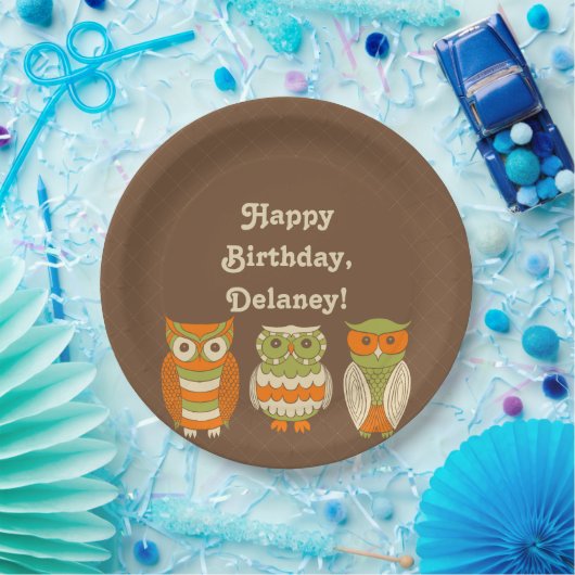 Cute Retro Owls Brown gepersonaliseerd Papieren Bordje (Feest)