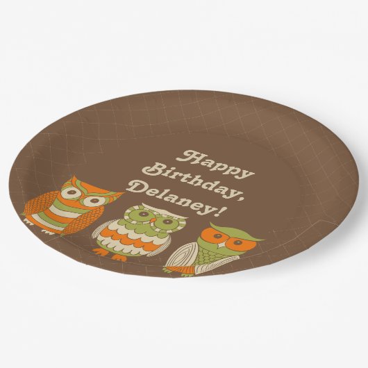 Cute Retro Owls Brown gepersonaliseerd Papieren Bordje (Gekanteld)