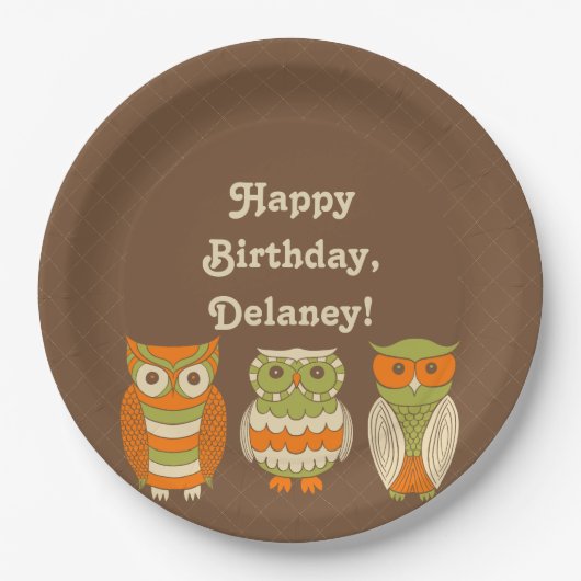 Cute Retro Owls Brown gepersonaliseerd Papieren Bordje (Voorkant)