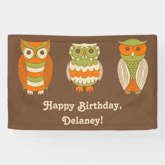 Cute Retro Owls Brown gepersonaliseerd Spandoek (Horizontaal)