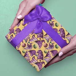 Cute retro paars geel gnoompatroon pet cadeaupapier