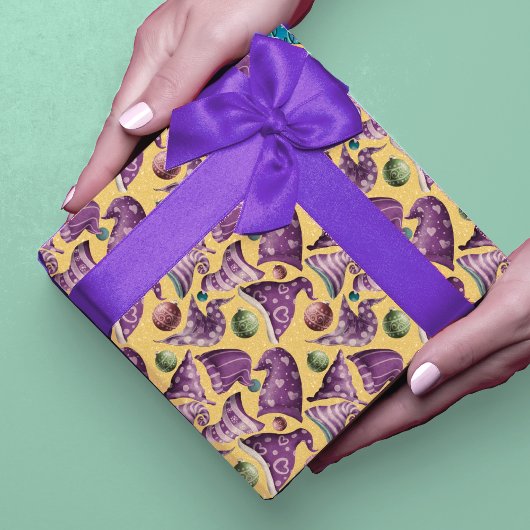 Cute retro paars geel gnoompatroon pet cadeaupapier