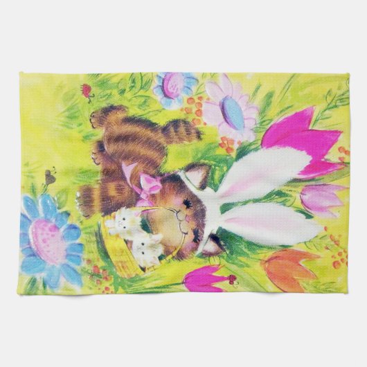 Cute retro Pasen kattenfeest Theedoek (Horizontaal)