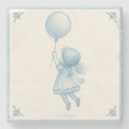 Cute retro pastel blue whimsical girl with balloon stenen onderzetter