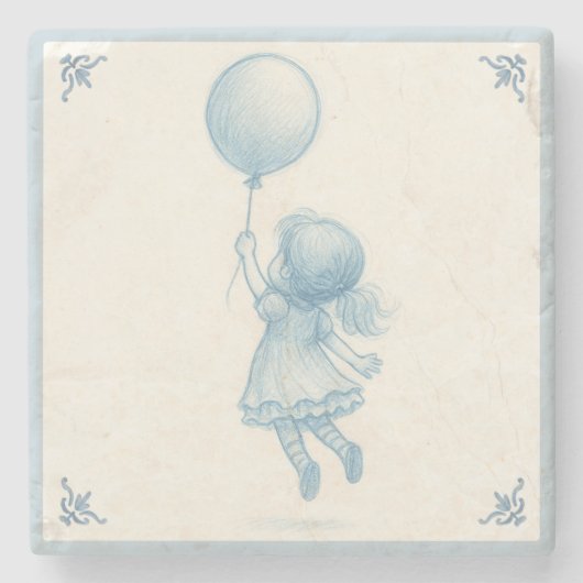 Cute retro pastel blue whimsical girl with balloon stenen onderzetter (Voorkant)