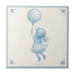 Cute retro pastel blue whimsical girl with balloon tegeltje