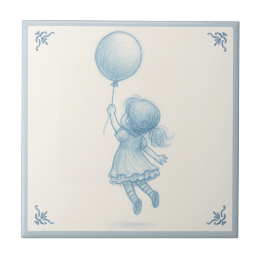 Cute retro pastel blue whimsical girl with balloon tegeltje (Voorkant)
