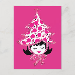 Cute Retro Pink Christmas Girl with Tree Hat Feestdagenkaart