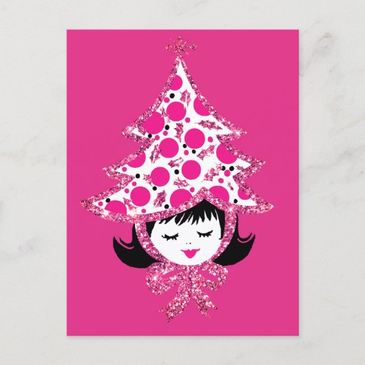 Cute Retro Pink Christmas Girl with Tree Hat Feestdagenkaart (Voorkant)