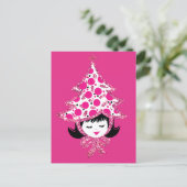 Cute Retro Pink Christmas Girl with Tree Hat Feestdagenkaart (Staand voorkant)