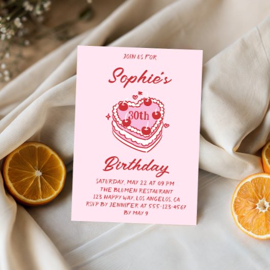 Cute Retro Pink Heart Cake 30th Birthday Party Kaart