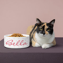 Cute Retro Pink Polka Dots Cat Kat Naam Voerbakje