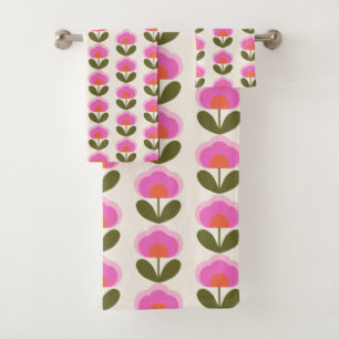 Cute Retro Pink Scandinavian Flower Art Patroon Bad Handdoek